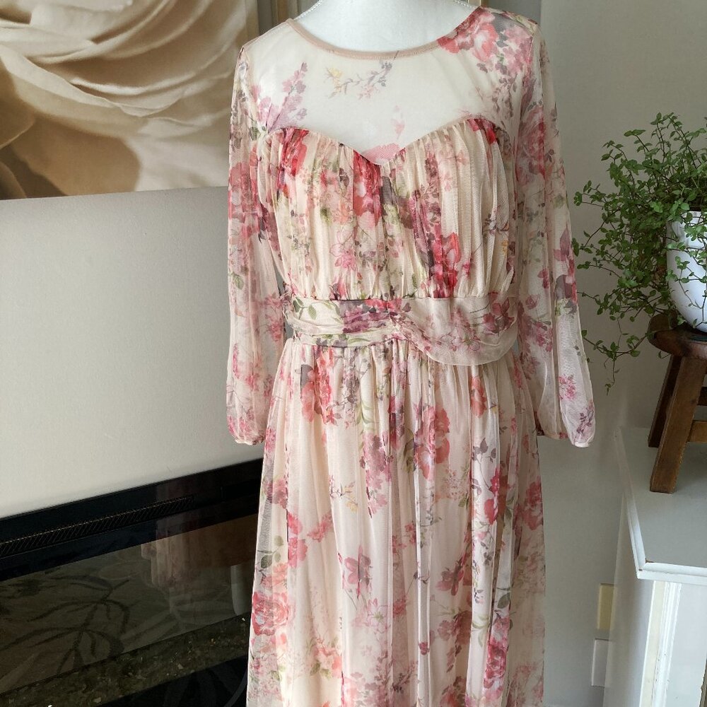 Cardalite Babydoll Dress Large Pink Romantic Floral Cottage Feminine Mesh Ruched